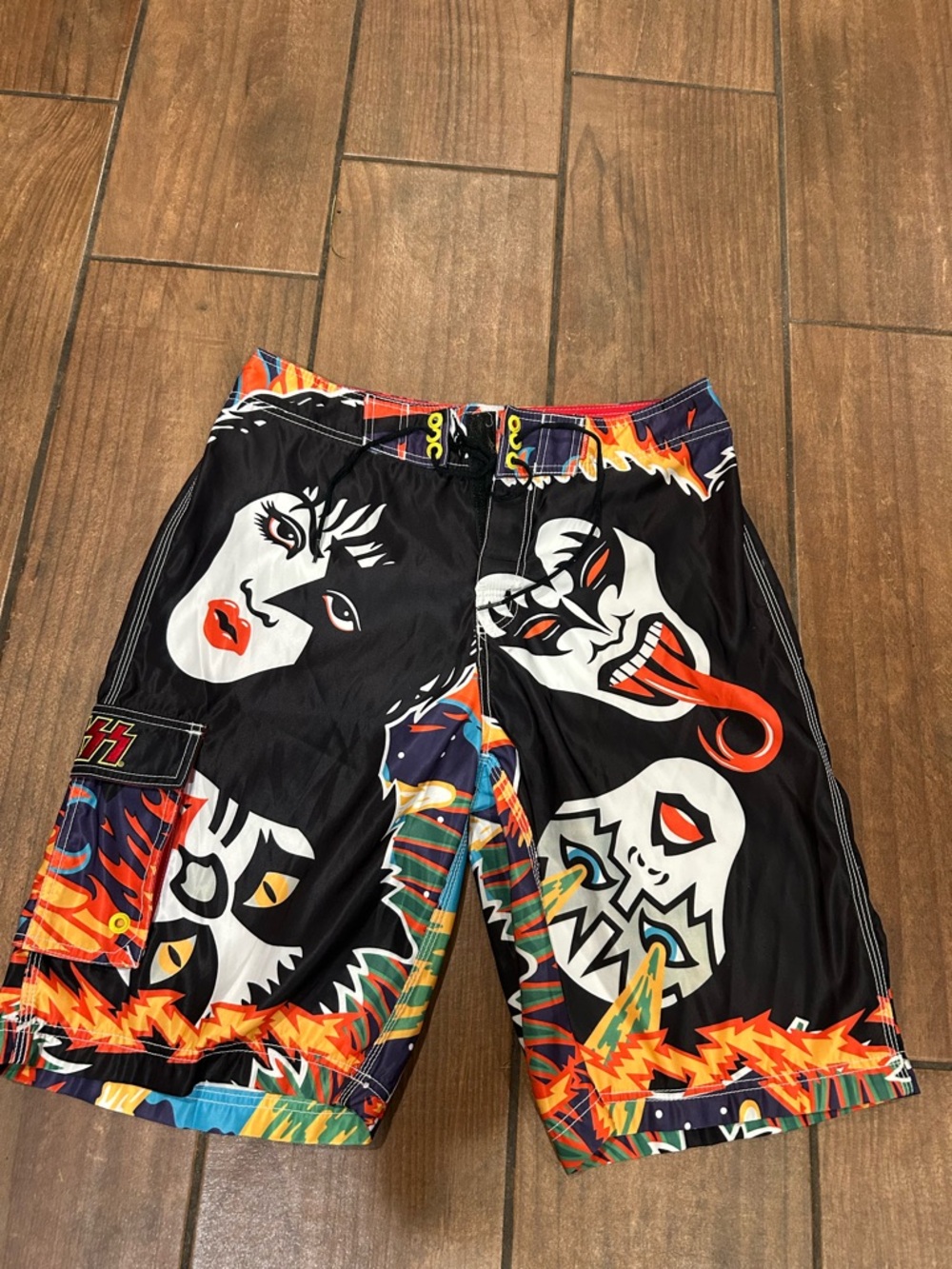 Men's Black Athletic Board Shorts with Colorful Graphic Faces